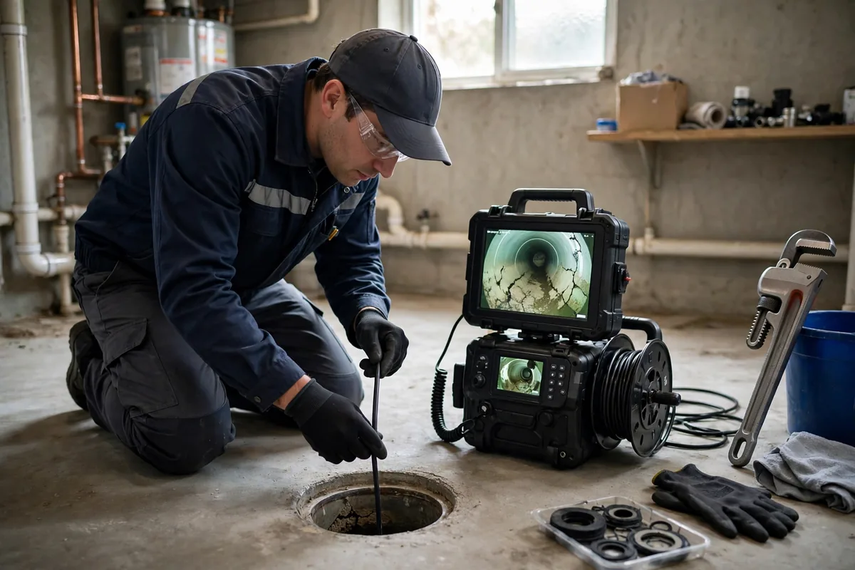 Technician performing a drain camera inspection to locate a blockage