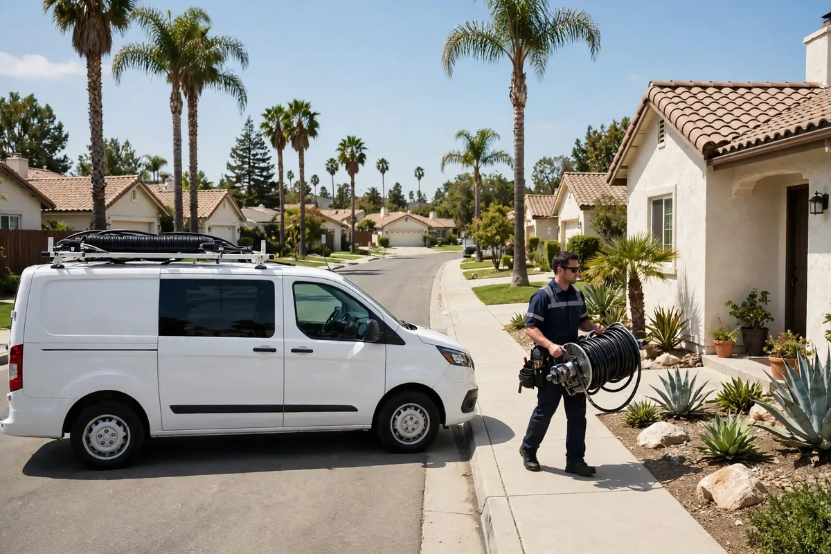 Professional drain-cleaning technician working at a residential property in Altadena, California
