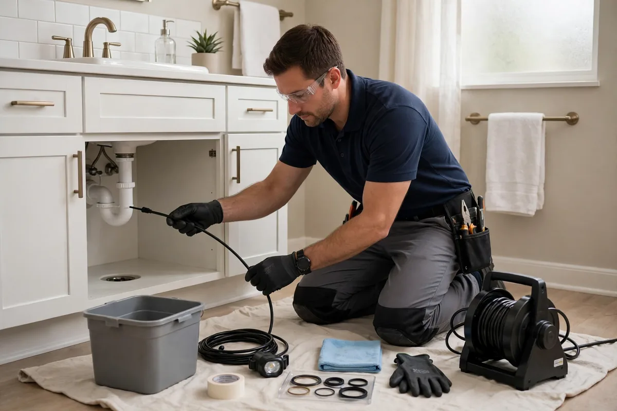 Professional drain-cleaning technician performing hydro jetting on a drain line