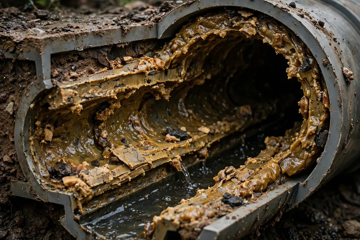 Cutaway of a pipe narrowed by hardened grease buildup